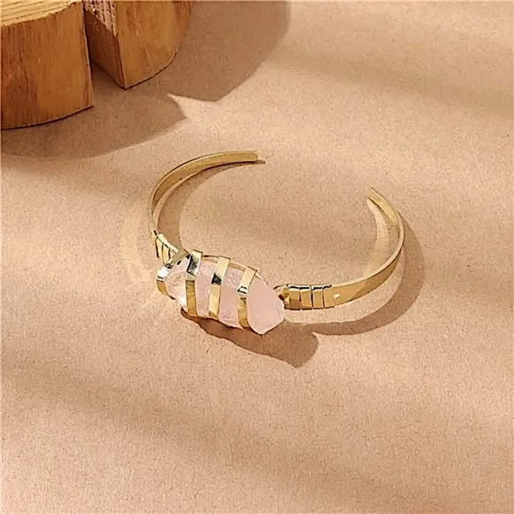 Artisan Free Spirit Unique Pink Stone Cuff Bracelet Minimalist Gold Tone Jewelry
